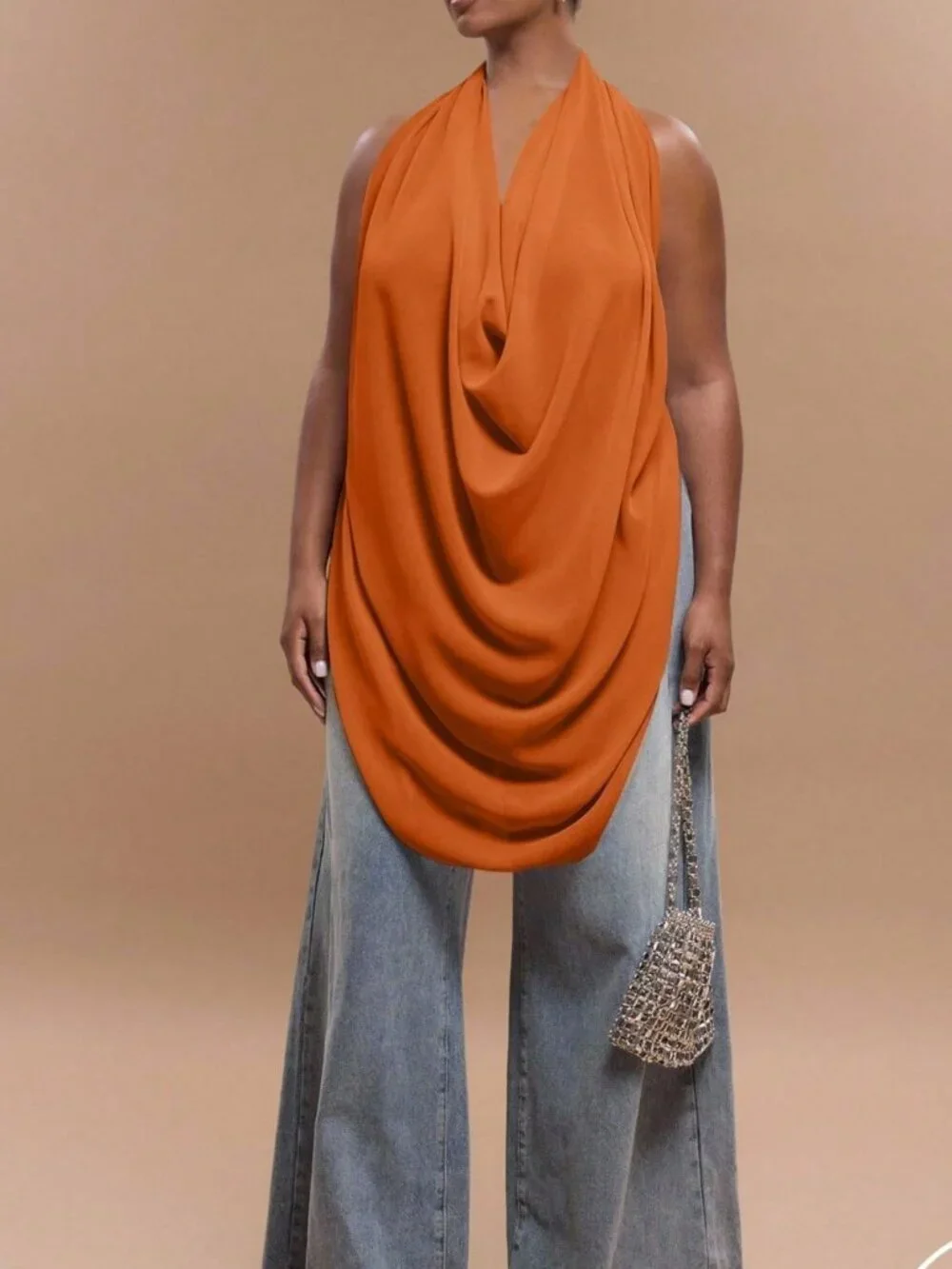 Orange Elegant Women's Plus Size Chiffon Halter Neck Backless Draped Top